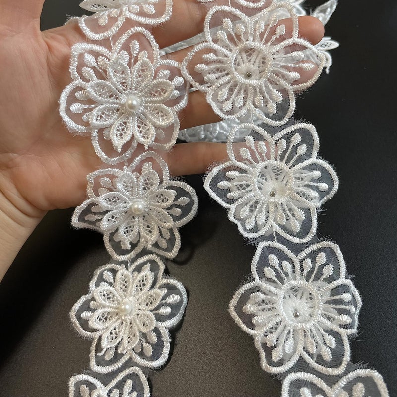 Buysk 3 Yards Flower Lace Trim Pearl Beads Floral Embroidered Lace Trim Fabric Floral Appliques Lace Ribbon Handmade DIY Sewing Supplies Craft for Costume Hat Decoration (Blossom) - Image 2